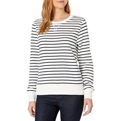 Image of Amazon Essentials Women&#039;s French Terry Fleece Crewneck Sweatshirt (Available in Plus Size), Navy White Horizontal Stripes, S
