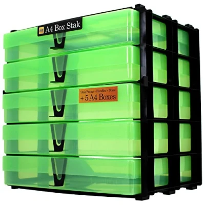 Image of WestonBoxes A4 Box Stak, Stackable Craft Storage Unit Including Plastic Boxes with Lids (Green, Pack of 1)