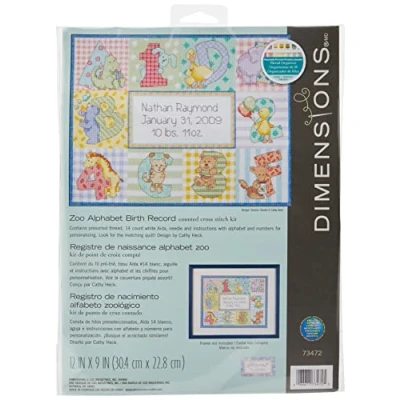 Image of Dimensions 73472 D73472 Counted Cross Stitch Craft Kit Zoo Alphabet Baby Birth Record Personalized B/REC, White,30 x 23 cm