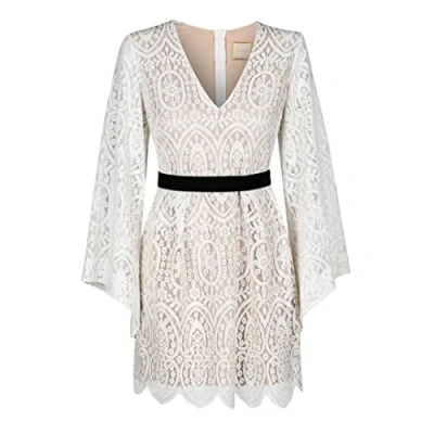 Image of Swing Fashion Women&#039;s Maya Weiß Mini Elegant Festive Party Evening Wedding Cocktail lace Dress V Neck Long Sleeve White 38 (M), M