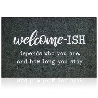 Image of JJUUYOU Welcome Mats Front Door Mat Indoor Outdoor Entryway with Non Slip Rubber Back Funny ish Depends Who You are and How Long Stay Entrance Decor for Home farmhouse 70 x 45 cm