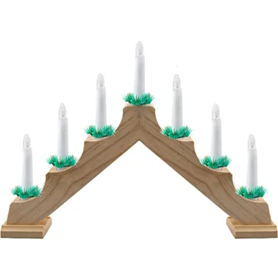 Image of VFM LED Candle Bridge Natural Wooden 7 Battery Powered Traditional Christmas Decoration Light for Window Sill Or Mantlepiece with Festive Foliage Trimming