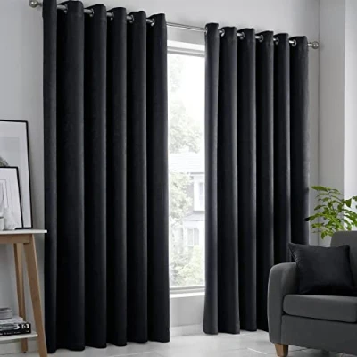 Image of Fusion Black Curtains W66 x L90 (168 229cm) 2x Panels Eyelet in Thermal for Bedroom/Living Room &amp; Drapes Door Strata Collection