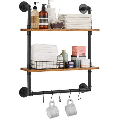 Image of VEVOR Industrial Pipe Shelf, 2 Tier 24x7.87in, Wall Mount Floating Rustic Wood Shelves Bracket Display Bookshelf, Storage Rack Sundries Holder for Kitchen Bedroom Bathroom Living Room, Black