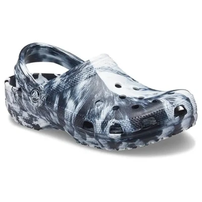 Image of Crocs Classic Marbled Unisex Clogs, Size: M6/W7, White/black Synthetics
