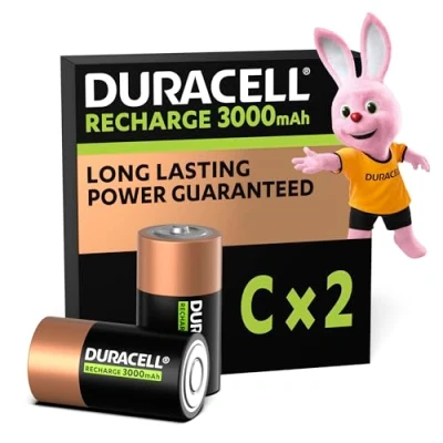 Image of Duracell C Rechargeable Batteries (Pack of 2), 3000 mAh NiMH, Long Lasting Power
