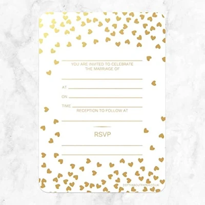 Image of Dotty about Paper Gold Foil Metallic Hearts Premium Wedding Invitations Contemporary, Confetti, Glittering. Pack of 10 Perfect for Friends and Family, Envelopes Included