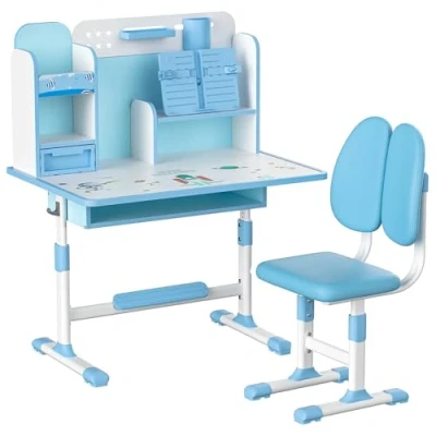 Image of Qiebenav Premium Kids Study Desk Chair Set, Height Adjustable Children School Table Ergonomic with Large Writing Board, Bookshelf and Drawer Blue Magnetic Panel