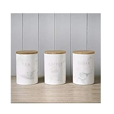 Image of Set of 3 Ceramic White Marble Effect Tea Coffee Sugar Storage Jars/Canisters with Wooden Lids