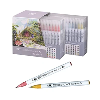 Image of Kuretake ZIG Clean Color Real Brush Marker, 120 Colours set, Flexible Tips, Watercolor Pens for Painting, Drawing, Calligraphy and Lettering Artists, Made in Japan