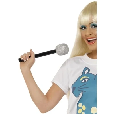 Image of Smiffys Microphone, Silver Glitter, 1970&#039;s Disco Fancy Dress, 1970s Dress Up Accessories
