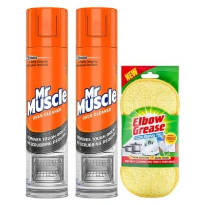 Image of Mr Muscle Oven Cleaner Spray (2X 300 Ml) BBQ Degreaser for Tough Grease, Grime with Scrubbing Pad