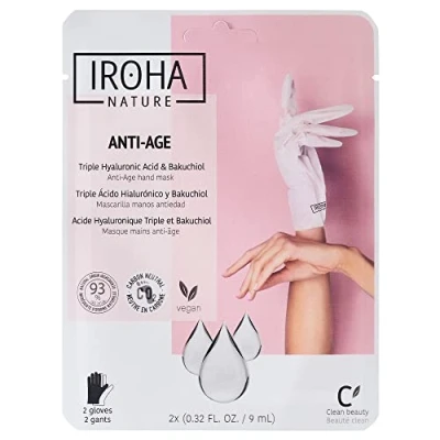 Image of Iroha Nature Anti Ageing Hand Masks With Triple Hyaluronic Acid, Bakuchiol &amp; Niacinamide, 93% Certified Natural Ingredients Vegan Friendly (Pack of 1)