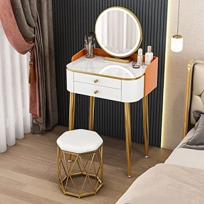 Image of Dressing Table Vanity Set with LED Lighted Mirror, Modern Makeup Desk Stool,Makeup Table, Mirror,for Bedroom Small Space