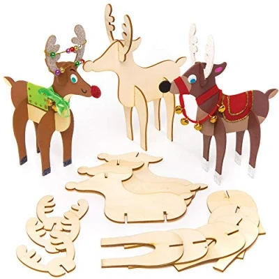 Image of Baker Ross AT176 Santa Festive Reindeer Woodcraft Kit Pack of 6, Wooden Arts and Crafts for Boys Girls, Assorted, Small