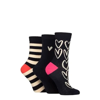 Image of Women&#039;s 3 Pair Caroline Gardner Patterned Cotton Socks Large Heart Outline Navy 4 8