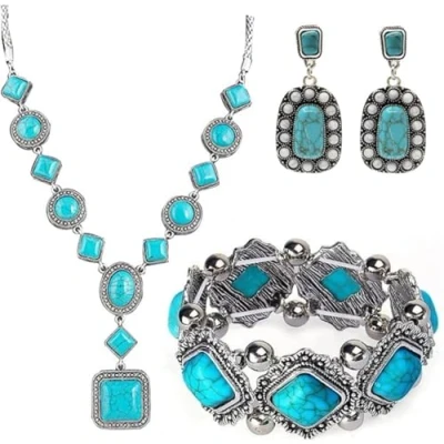 Image of TOEECY Jewellery Set for Women Girls Turquoise Pendant Necklace Earrings Bracelet Gift Wedding Bridal Bridesmaid Vacation (#1)