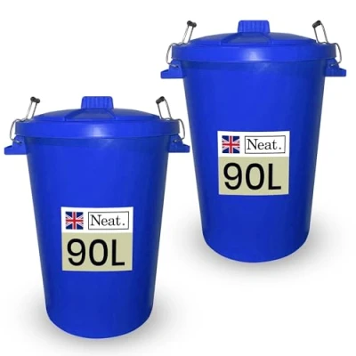 Image of Neat. 90L Bin Coloured Large Plastic Bins, Heavy Duty Kitchen with Metal Handle Dustbin Lid For Easy Refusal Garden Indoor Outdoor Rubbish Waste, Storage of Animal Feed, Dark Blue 2Pack
