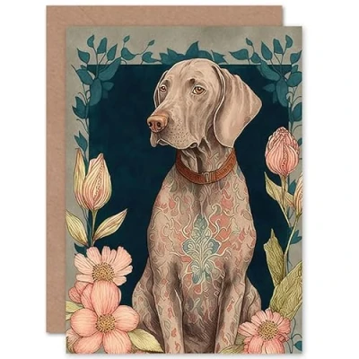 Image of Artery8 Grey Weimaraner Dog with Ornate Pattern Fur Coat and Flowers Modern Art Nouveau Illustration Birthday Sealed Greeting Card Plus Envelope Blank inside