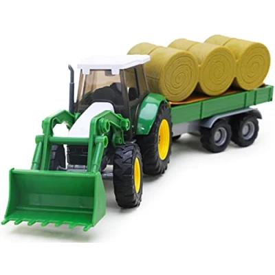 Image of Toyland Green Tractor and Digger with Bale Trailer Set 1:32 Scale (GREEN)