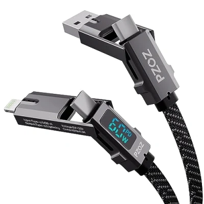 Image of PZOZ 4 in 1 LED Display 60W USB Cable,USB C to Lightning/Type C/USB A Lightning/USB Fast Charging Charger for iPhone iPad MacBook AirPods Pro Samsung Google