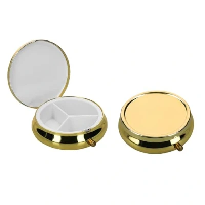 Image of kwmobile 3 Compartment Pill Box Set of 2X Stainless Steel Travel Organizer for Tablets and Prescriptions Gold