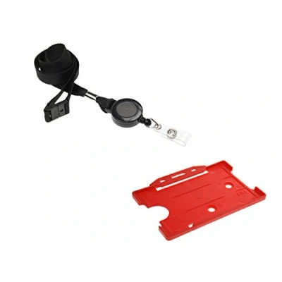 Image of ID Card It Red Badge Holder, with Black Lanyard Neck Strap and Integrated Yo Reel 2
