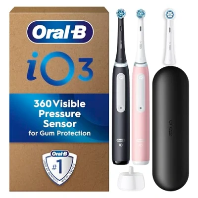 Image of Oral B iO 3 Dual Pack, Pink &amp; Black Electric Toothbrushes, Toothbrush Heads, 1 Travel Case, Designed by Braun