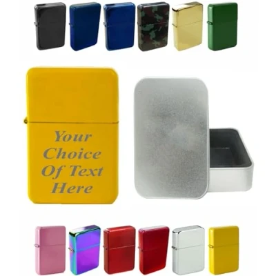 Image of Personalised Engraved Lighter for Birthday, Fathers Day, Anniversary, Choice of Colours With Luxury Gift Tin Packaging (Yellow)