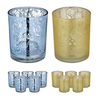 Image of Relaxdays Tealight Holders, Set of 12, Patterned, Votive Candle Glasses, H x Diam.: 8.5 7 cm, Decor, Gold/Silver