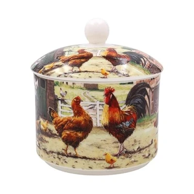 Image of The Leonardo Collection Cockerel &amp; Hen Sugar Bowl with Lid Pot for All Homes Offices Designed by Macneil Studios Ceramic Sugar, Sweetener or Other Snacks