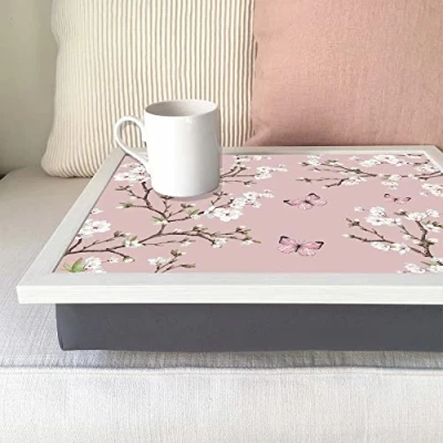 Image of Cherry Blossom Flower Lap Tray: Bean Bag Tray with cushion, Laptop Desk, Padded Food Table For Eating