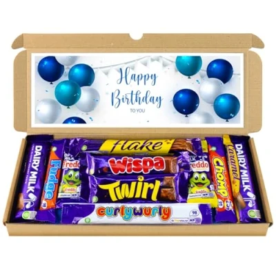 Image of Happy Birthday Chocolate Gift Hamper, Letterbox Selection Box of 10 Fullsize Cadbury Dairy Milk bars, ideal 13th 16th 18th 21st Gifts For him (Blue)