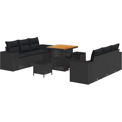 Image of vidaXL 9 Piece Garden Sofa Set with Cushions Black Poly Rattan Acacia