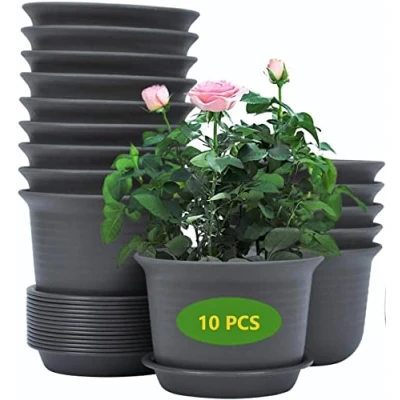 Image of KAHEIGN 10Pcs Plastic Flower Pots, 15cm Thicken Plant Pots Container Indoor Gardening Pot with Drainage Pallet (Black Grey)