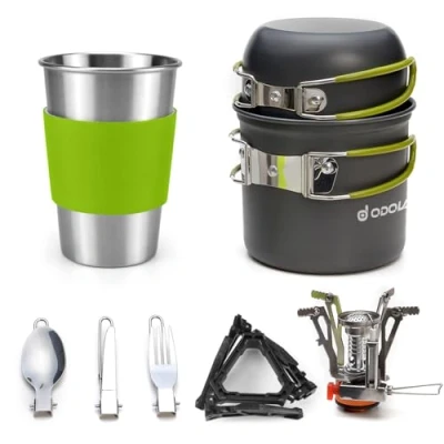 Image of Odoland Camping Saucepans Set, 10 Pieces Durable Aluminium Complete Kitchen Utensils with Ultralight Portable Stove for Hiking, Fishing