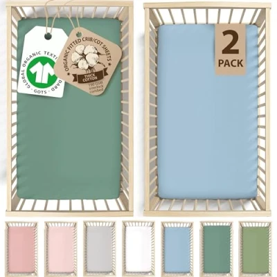 Image of Bunnyjik GOTS Organic 2 x Spacesaver cot Fitted Sheets 100x50 cm Double Thickness Mini Bed 100% Cotton Space Saver 100 50 sheet