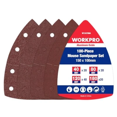 Image of WORKPRO 100 Piece Sanding Sheets Hook and Loop Mouse Sander Pads with 40/80/120/180 Grits 10x15cm Sandpaper 11 Dust Extraction Holes Compatible Bosch Multi PSM 100A, 200 AES