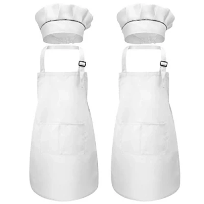 Image of Large Kids Apron and Chef Hat, White Children Aprons, Adjustable Toddler Unisex Baking Apron, Child Cooking Bib with 2 Pockets For Age 6 13 Years.Kids Artist Aprons (2 Set L)