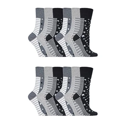 Image of Gentle Grip 12 pack ladies patterned wide top socks in 20 styles (GG99)