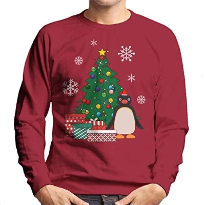 Image of Cloud City 7 Pingu Around The Christmas Tree Men&#039;s Sweatshirt Cherry Red