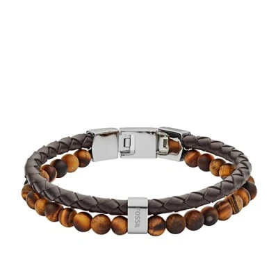 Image of Fossil Men&#039;s Stainless Steel and Genuine Leather Bracelet with Beads one Size semi precious Stone, size, Leather, stone