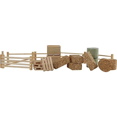 Image of Kids Globe Farming Accessory Set with Fences Hay Bales Potato Crates and Pallets 19 Pieces Wooden 1:32 610253 Multi Coloured