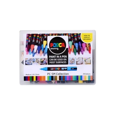 Image of POSCA PC 5M Water Based Permanent Marker Paint Pens. Medium Tip for Art &amp; Crafts. Multi Surface Use On Wood Metal Paper Canvas Cardboard Glass Fabric Ceramic Rock Stone Pebble Porcelain. Set of 39
