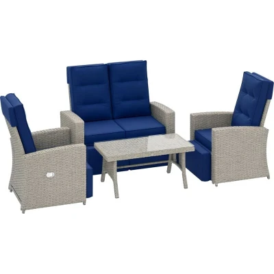 Image of Outsunny 4 Piece Rattan Garden Furniture Sets, Seater Outdoor Sofa Sectional with Wicker Sofa, Reclining Armchair and Glass Table for Poolside, Navy Blue