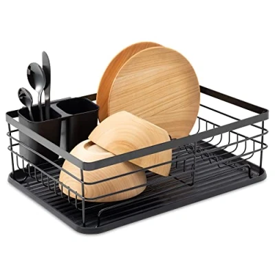 Image of Navaris Dish Drainer Rack Plate, Cutlery, Pots and Pans Drying for Kitchen Modern Retro Design Drip Tray with Metal Black