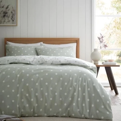 Image of Catherine Lansfield Brushed Polka Dot Cotton Reversible Single Duvet Cover Set with Pillowcase, Green