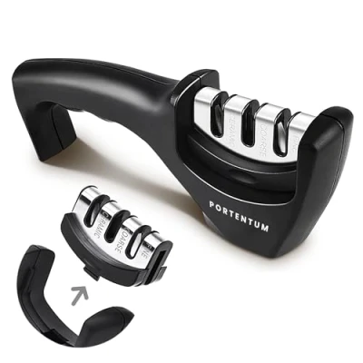 Image of PORTENTUM Knife Sharpener Professional 3 Stage Manual for Sharpening Kitchen Knives Ceramic Stone, Tungsten Carbide Plates, Diamond rods. Ergonomic Design