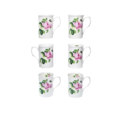Image of (Item 1W) Kirsty Jayne China 10Fl oz Bone June Rose Beakers, Mugs, Cups Packed in a Gift Boxed (Set of 6)