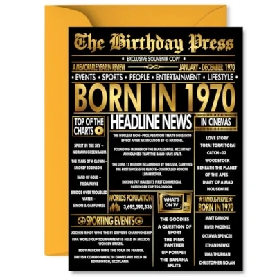 Image of Gold 55th Birthday Card for Men Women Black &amp; Golden Newspaper Born in 1970 Happy 55 Cards Cousin Grandma Uncle Dad Auntie Nan, 5x7 Inch Bday Greeting